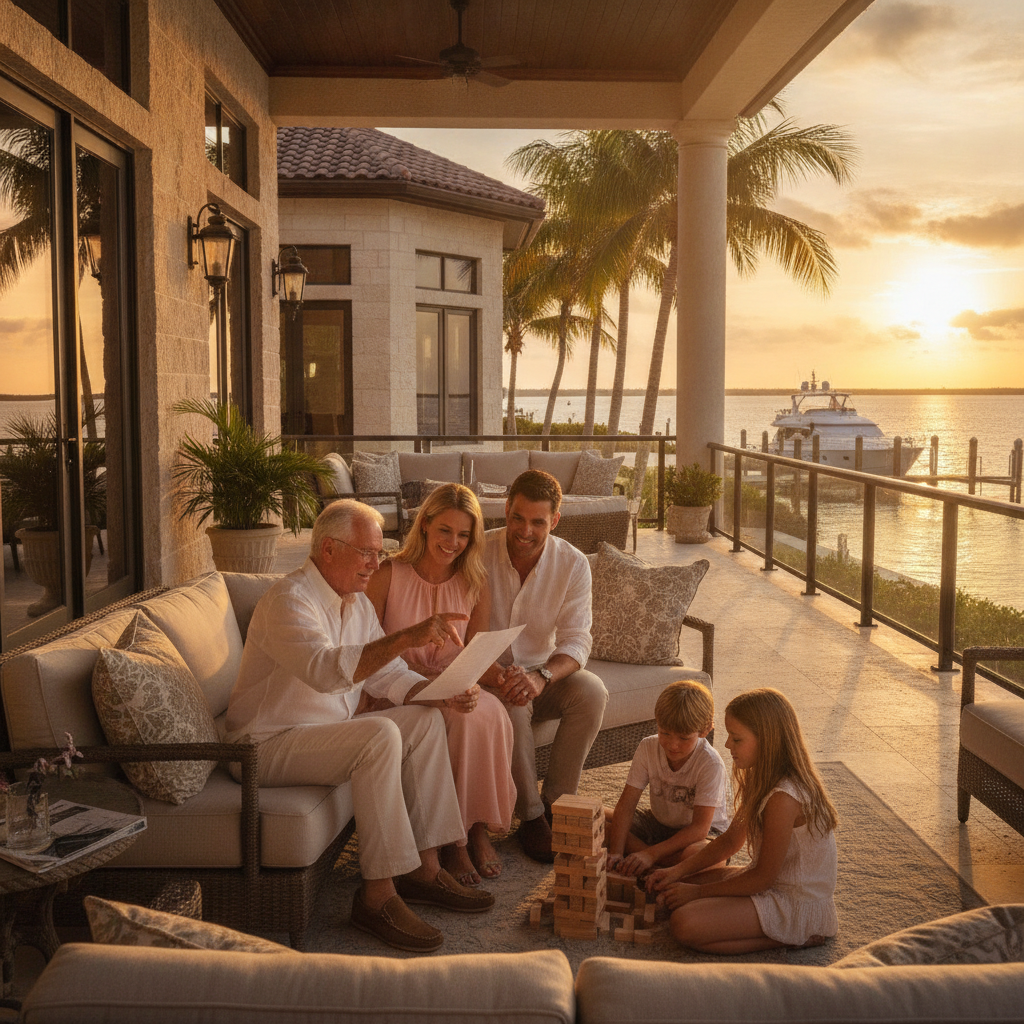 a Florida waterfront estate home with a family gathered on the porch at sunset representing generational wealth and legacy planning — estate tax planning