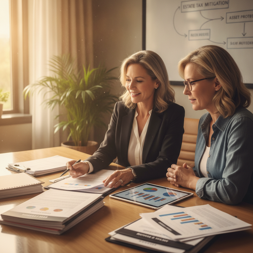 a financial advisor meeting with a couple in their 50s reviewing estate planning documents at a conference table with charts and trust documents visible — estate tax planning