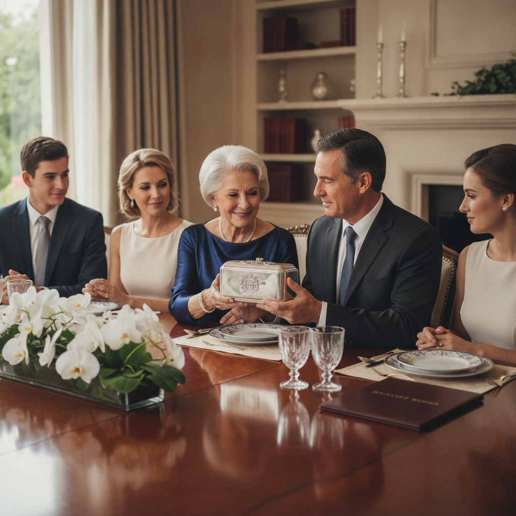 a multigenerational family at a formal dinner table passing down a family heirloom representing legacy planning and generational wealth transfer — estate tax planning