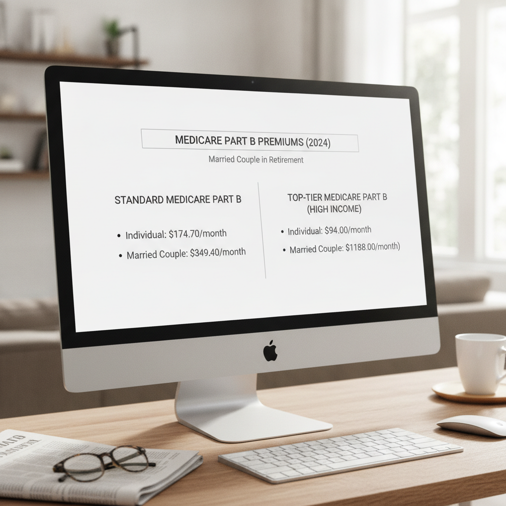 a side-by-side comparison chart on a monitor showing standard versus top-tier Medicare Part B premium costs for a married couple in retirement — medicare part b