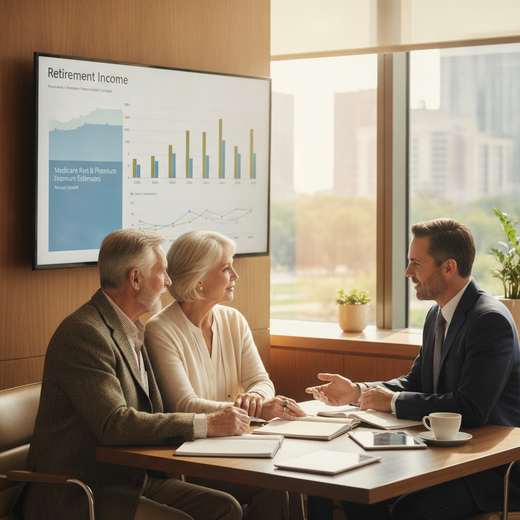 a retired couple meeting with a financial advisor in a modern office reviewing a multi-year retirement income projection on a large screen — medicare part b