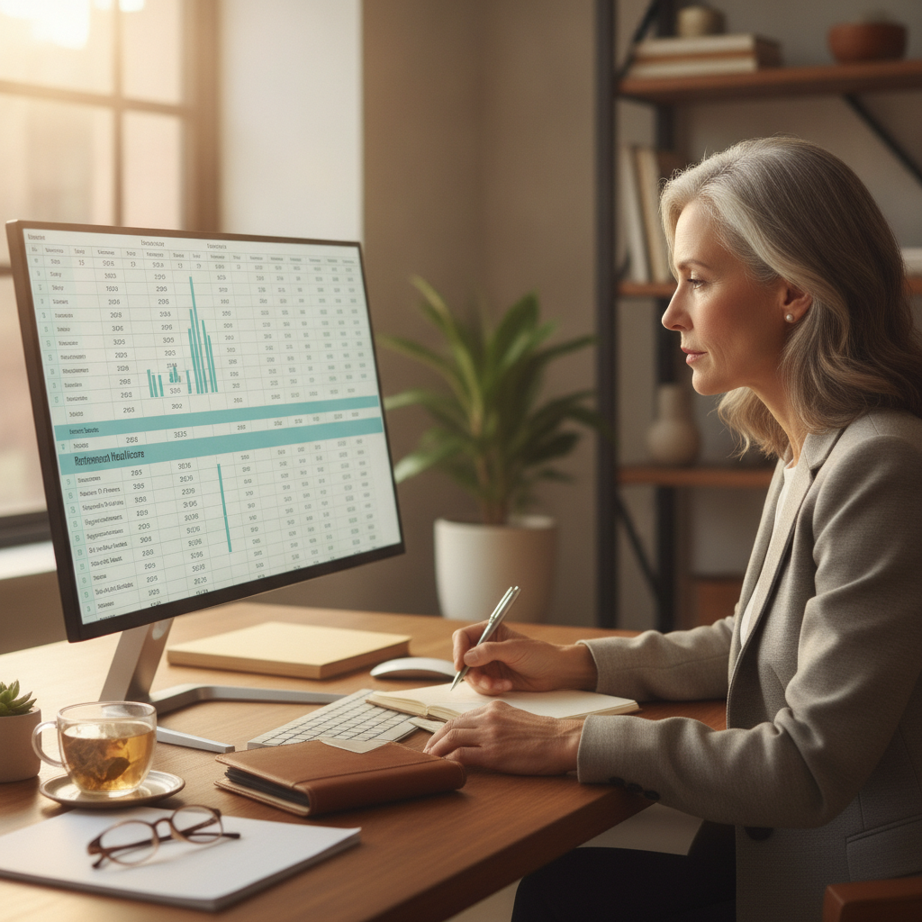 a business executive at a desk reviewing a multi-year income projection spreadsheet with retirement income sources broken down by category — medicare part b