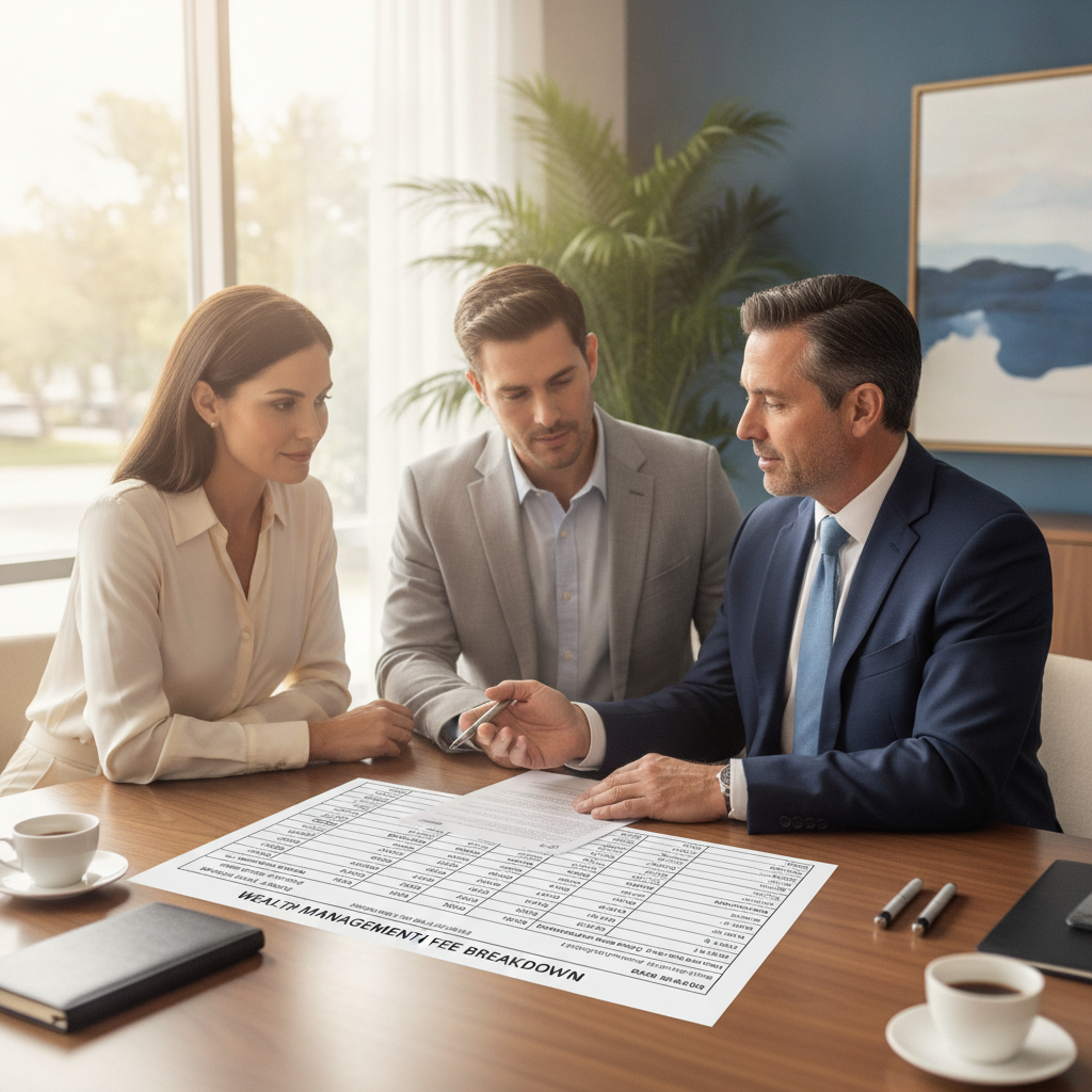 a financial advisor reviewing a detailed fee breakdown document with a high-net-worth couple at a modern office in Stuart Florida — wealth manager cost