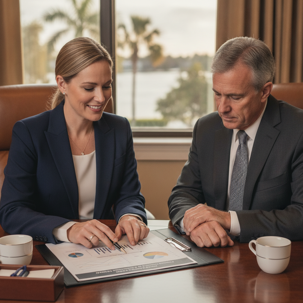a professional wealth advisor at a desk in Stuart Florida speaking with an executive client reviewing a portfolio performance and planning summary document — wealth manager cost