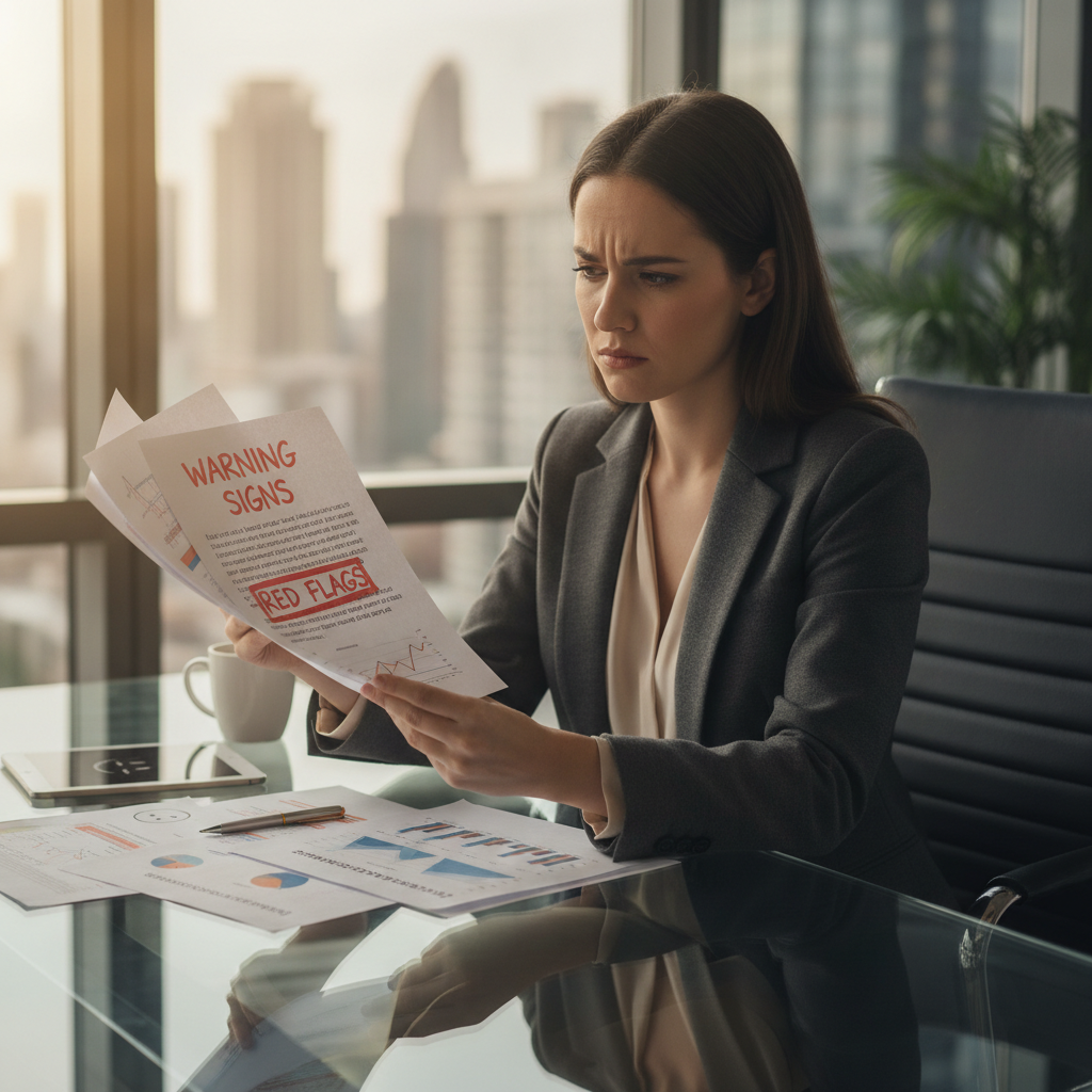 a professional investor in business casual attire reviewing financial documents at a glass conference table with a concerned expression — financial advisor warning signs