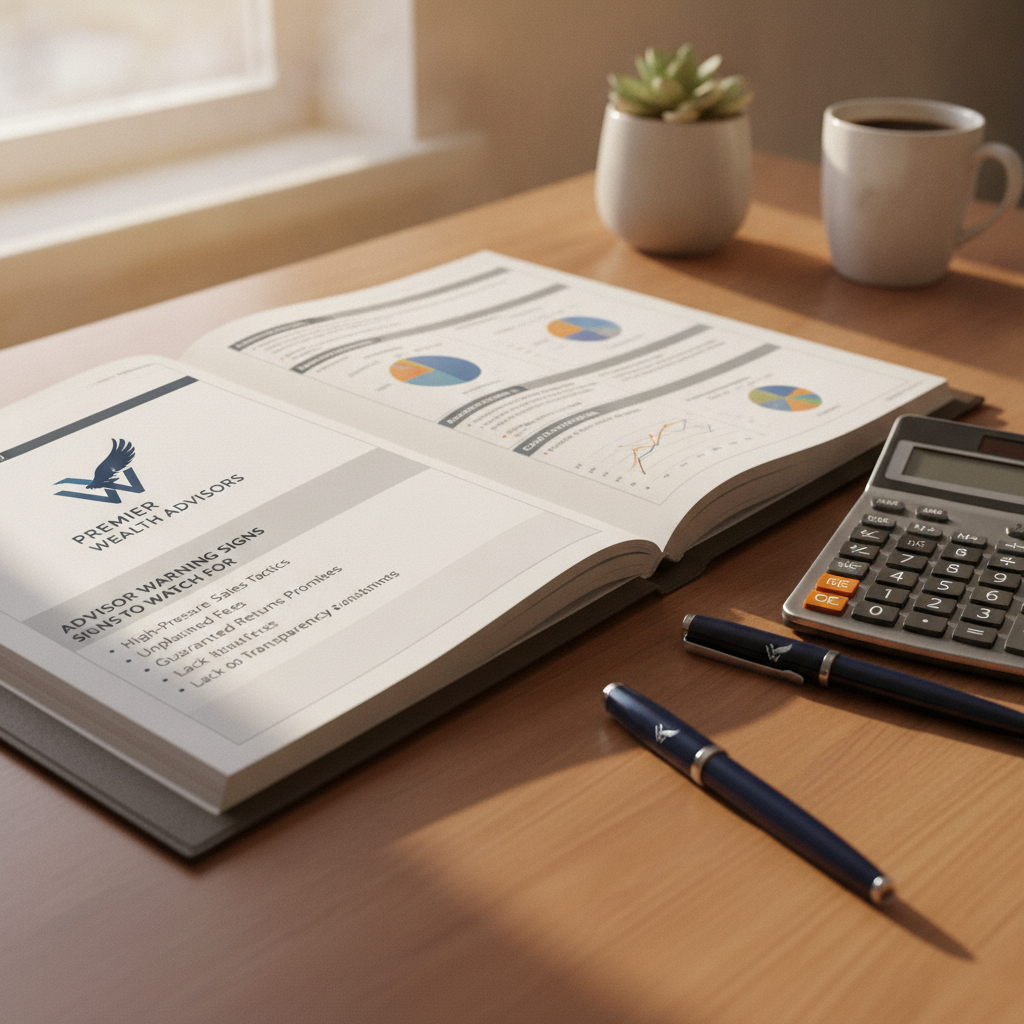 a detailed financial planning document spread open on a desk next to a calculator and a pen with a wealth management logo visible in the header — financial advisor warning signs