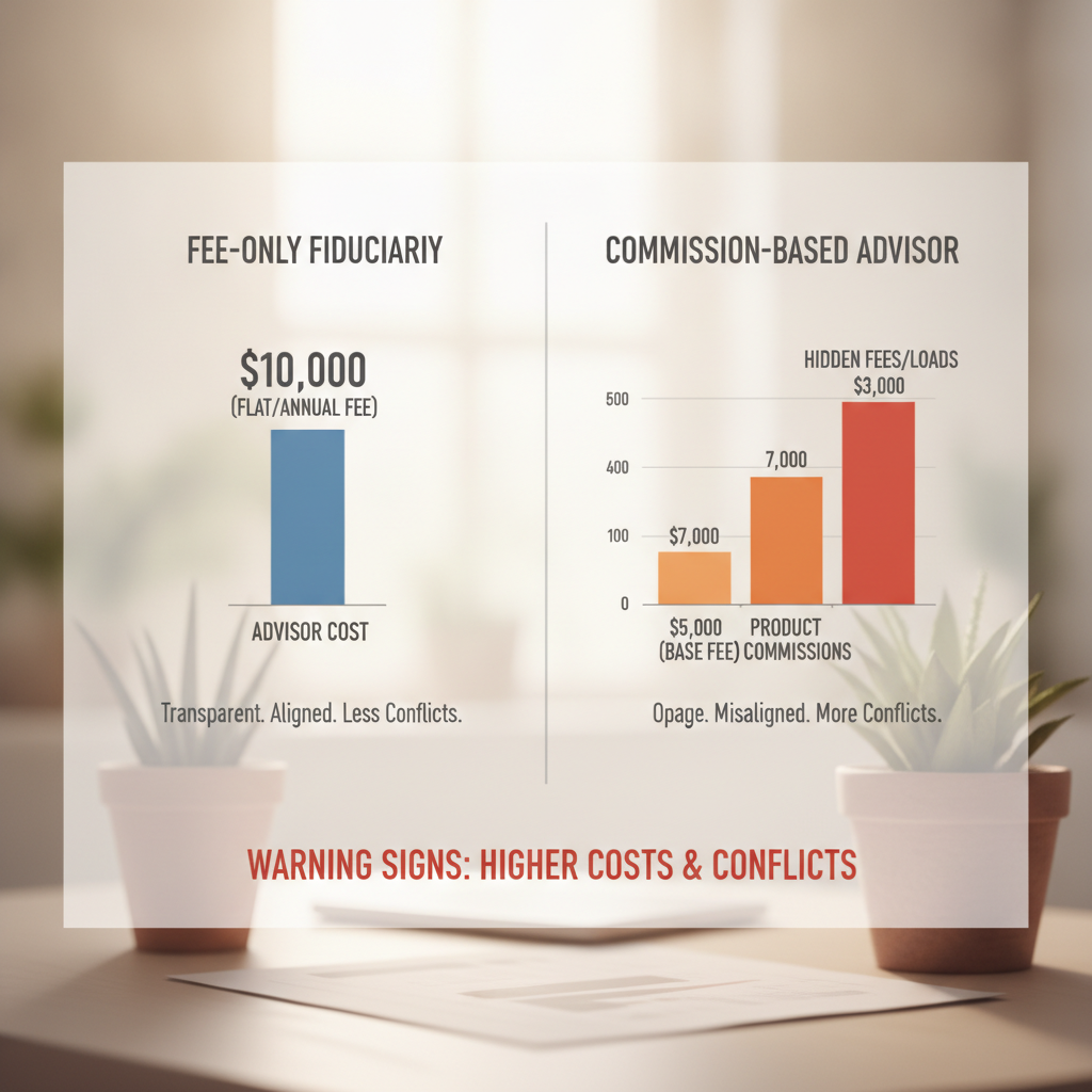 a side-by-side visual comparison chart showing fee-only fiduciary versus commission-based advisor cost structures with dollar amounts shown on a bar graph — financial advisor warning signs