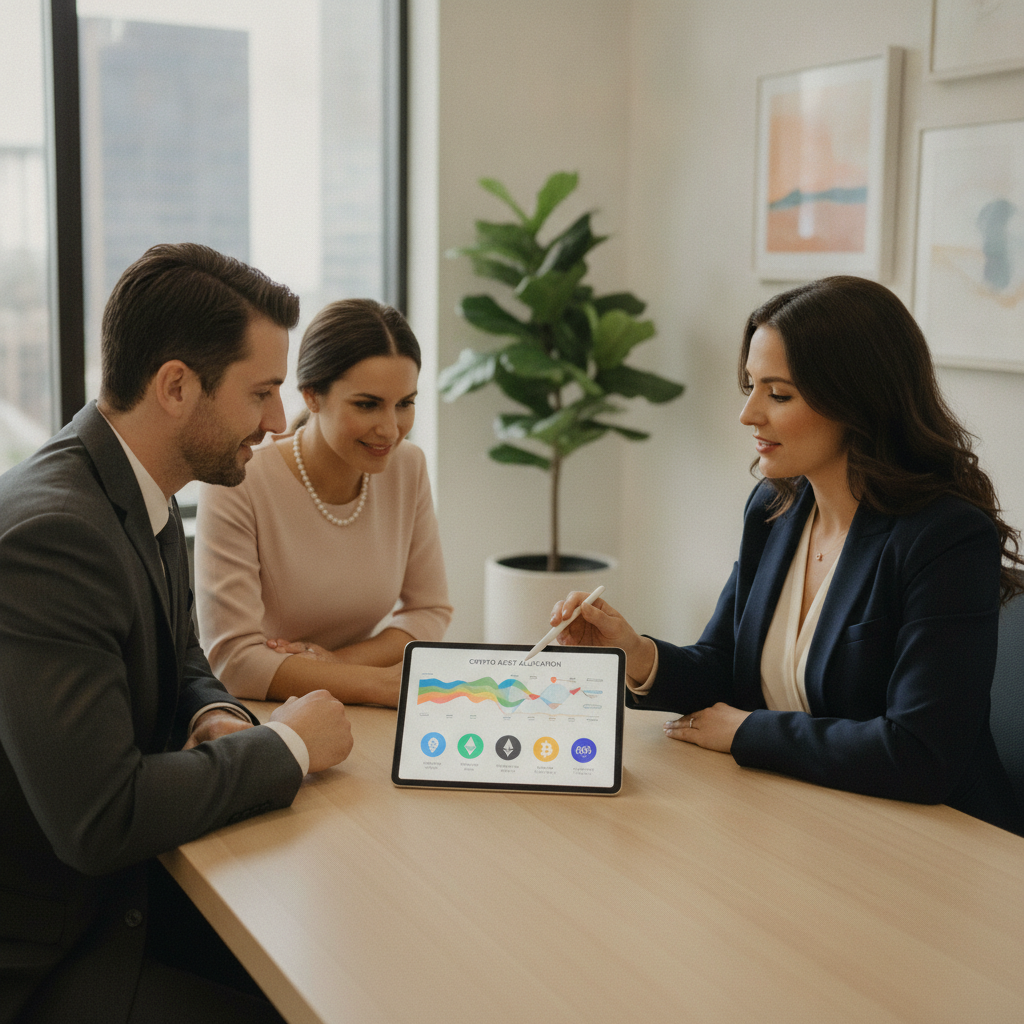 a confident wealth advisor sitting across a desk from a well-dressed couple reviewing a digital asset portfolio report on a tablet in a modern office — crypto financial advisor