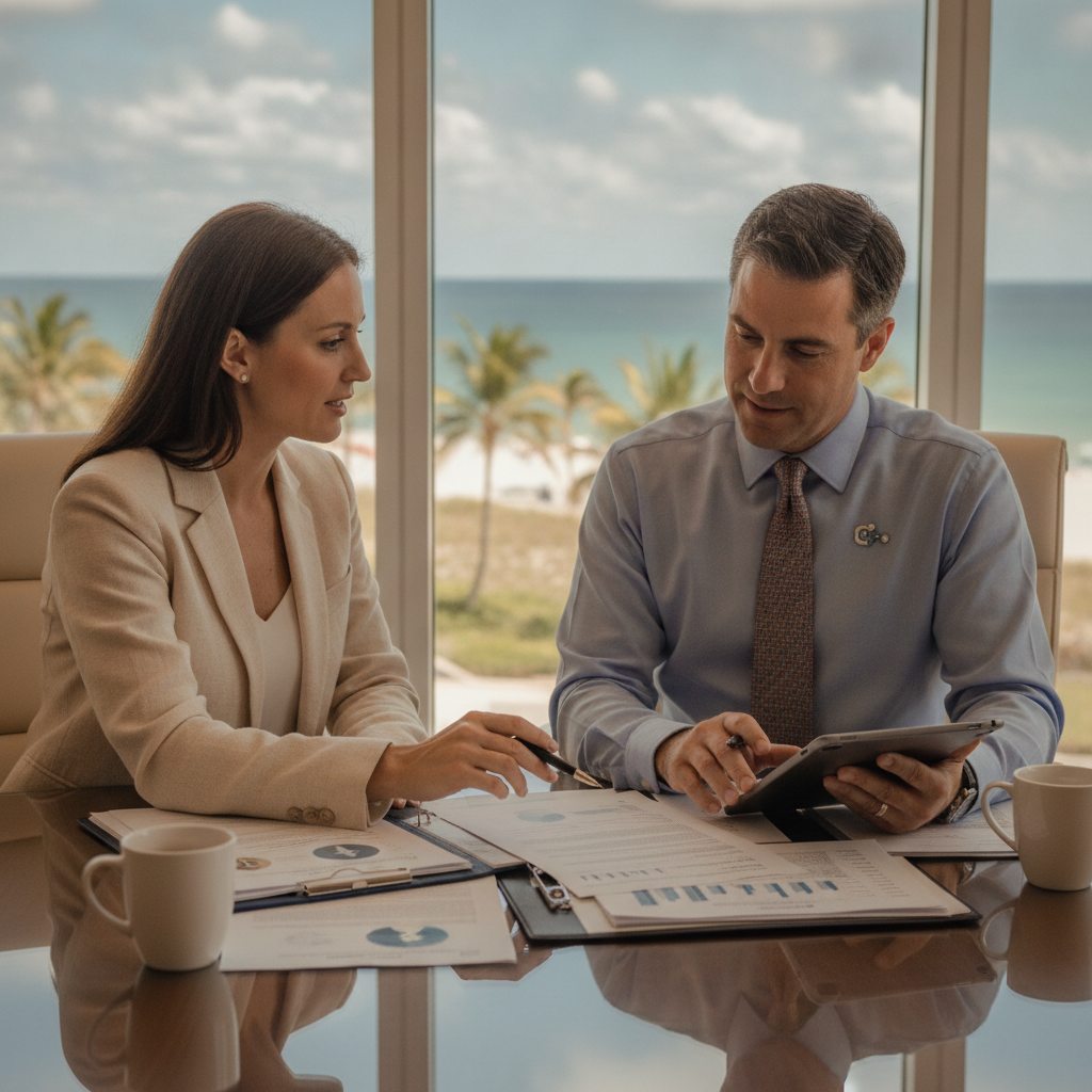 a Florida estate planning attorney and a financial advisor reviewing documents together at a conference table with a coastline view through the window — crypto financial advisor