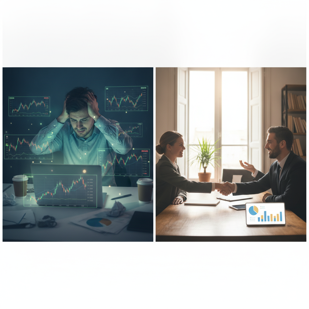 a split-screen graphic showing a person stressed at a laptop surrounded by crypto charts on one side and a calm professional meeting with a financial advisor on the other side — crypto financial advisor