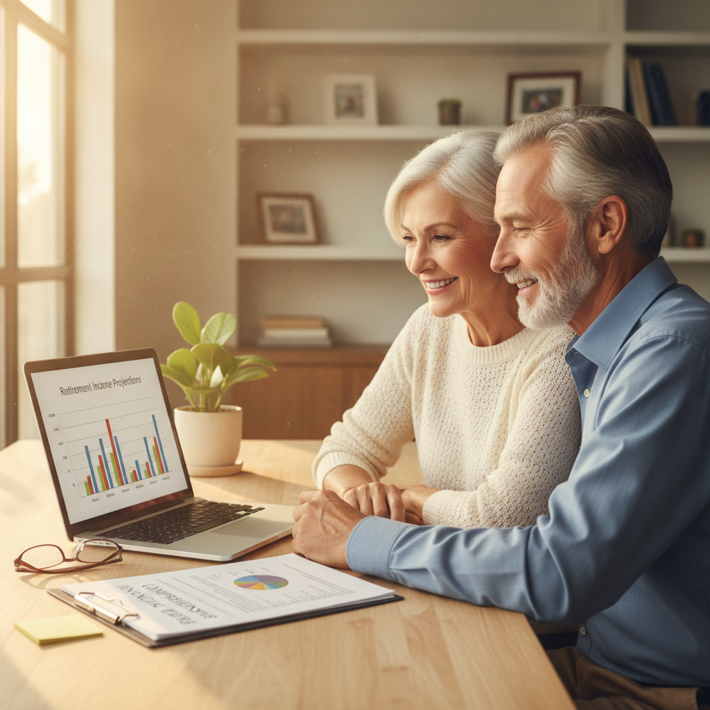 a confident retiree couple sitting at a modern home office desk reviewing charts on a laptop with a financial planning document visible — retirement income planning
