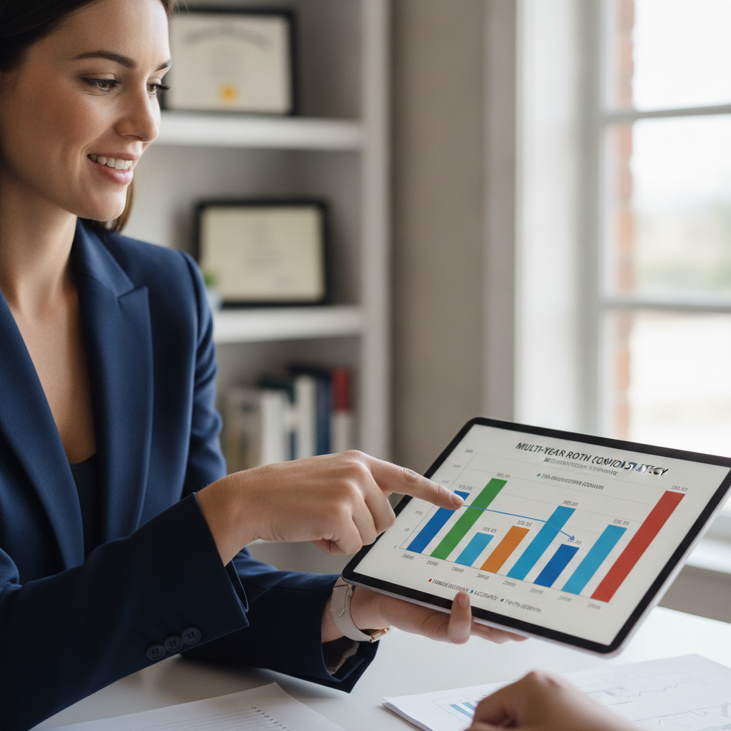 a close-up of a financial advisor pointing to a multi-year Roth conversion strategy chart on a tablet during a client meeting in a professional office setting — retirement income planning