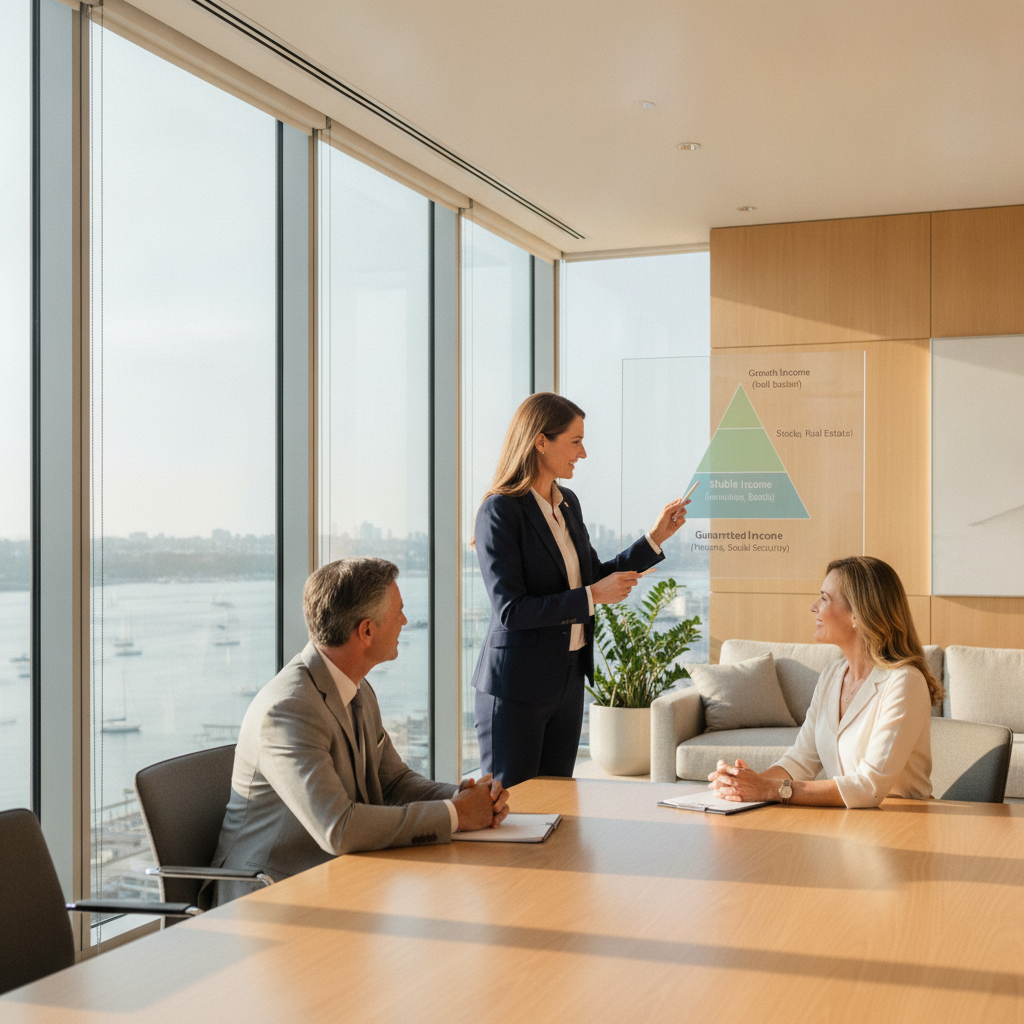 a financial advisor presenting a tiered income strategy diagram to a well-dressed couple in a modern conference room with floor-to-ceiling windows overlooking water — retirement income planning