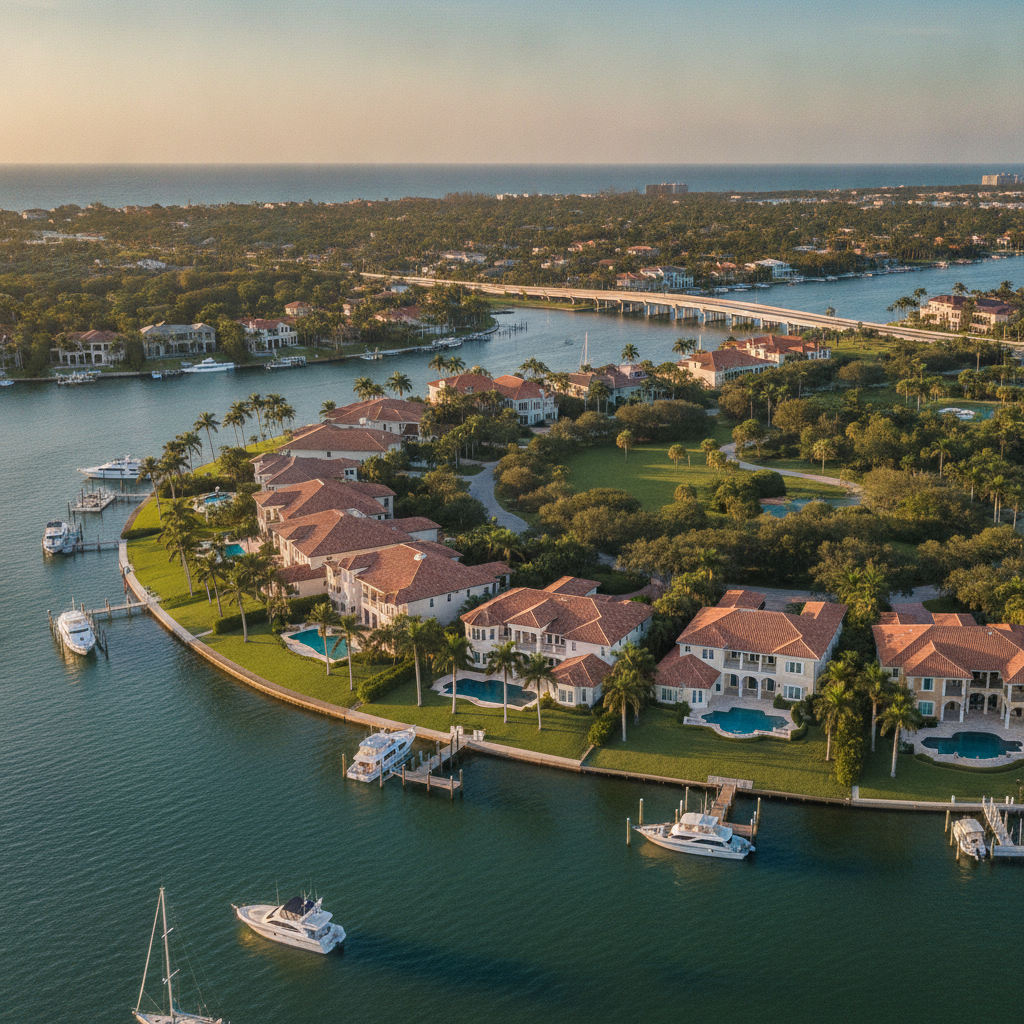 a aerial view of Stuart Florida waterfront with palm trees and upscale waterfront homes representing retirement destination real estate — florida retirement taxes