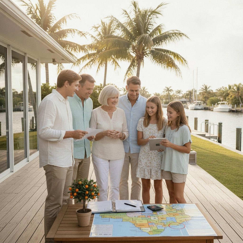 a multi-generational family sitting together outdoors near a Florida waterway representing generational wealth transfer planning — florida retirement taxes