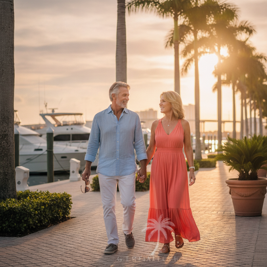 a couple walking along the St Lucie River waterfront in Stuart Florida at sunset representing an active affluent retirement lifestyle — florida retirement taxes