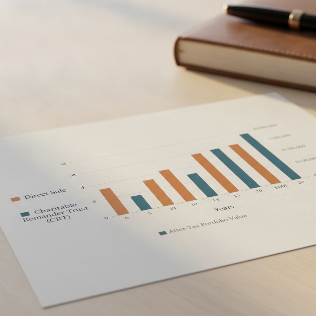 a close-up of a bar chart comparing after-tax portfolio values between a direct asset sale and a charitable remainder trust strategy over 20 years — charitable remainder trusts