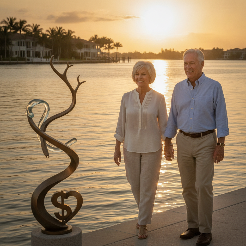 an older couple walking along a Florida waterfront at sunset symbolizing financial security and legacy planning — charitable remainder trusts