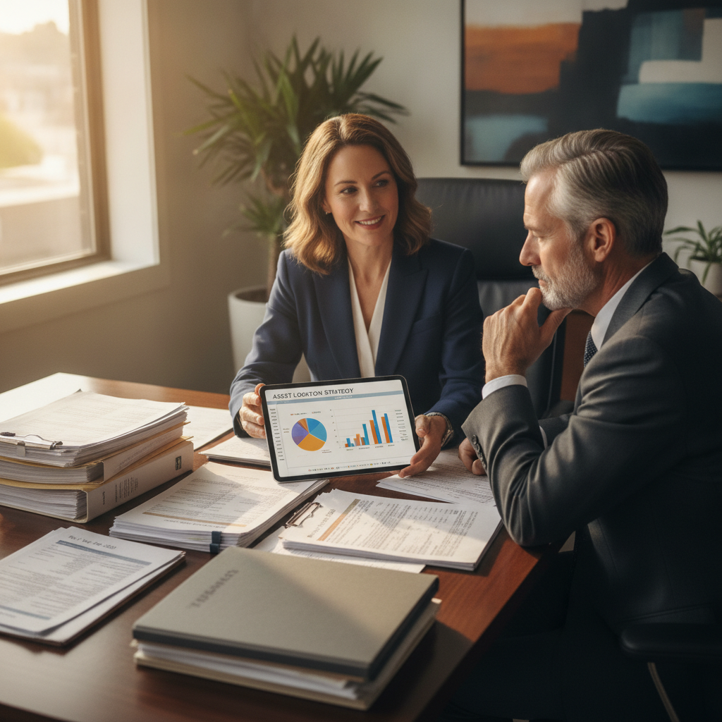 a financial advisor sitting at a large desk covered with tax documents and investment account statements reviewing a multi-account portfolio strategy with a high-net-worth client — asset location strategy