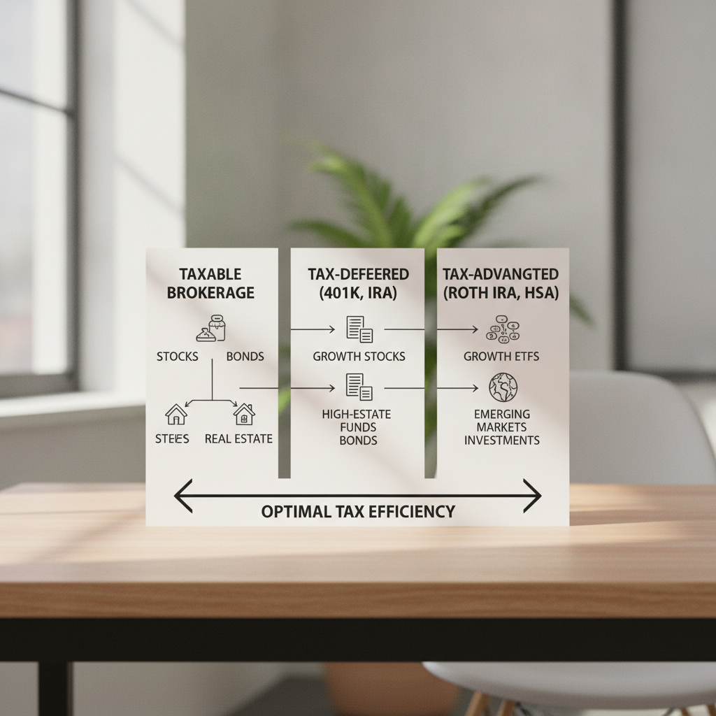 a clear visual comparison chart showing three types of investment accounts side by side with arrows indicating which investment types belong in each account for optimal tax efficiency — asset location strategy