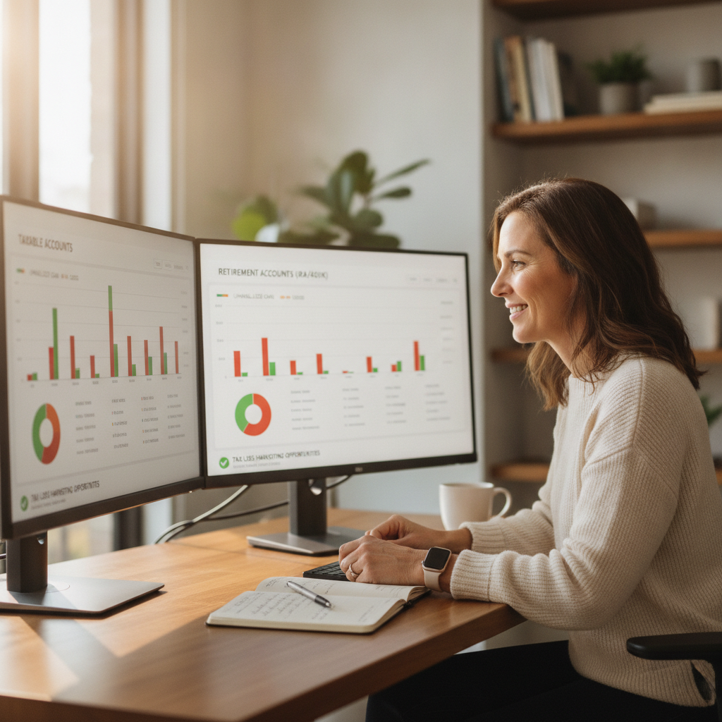 a financial advisor reviewing a multi-account portfolio dashboard on dual monitors showing unrealized gain and loss positions across taxable and retirement accounts — tax-loss harvesting