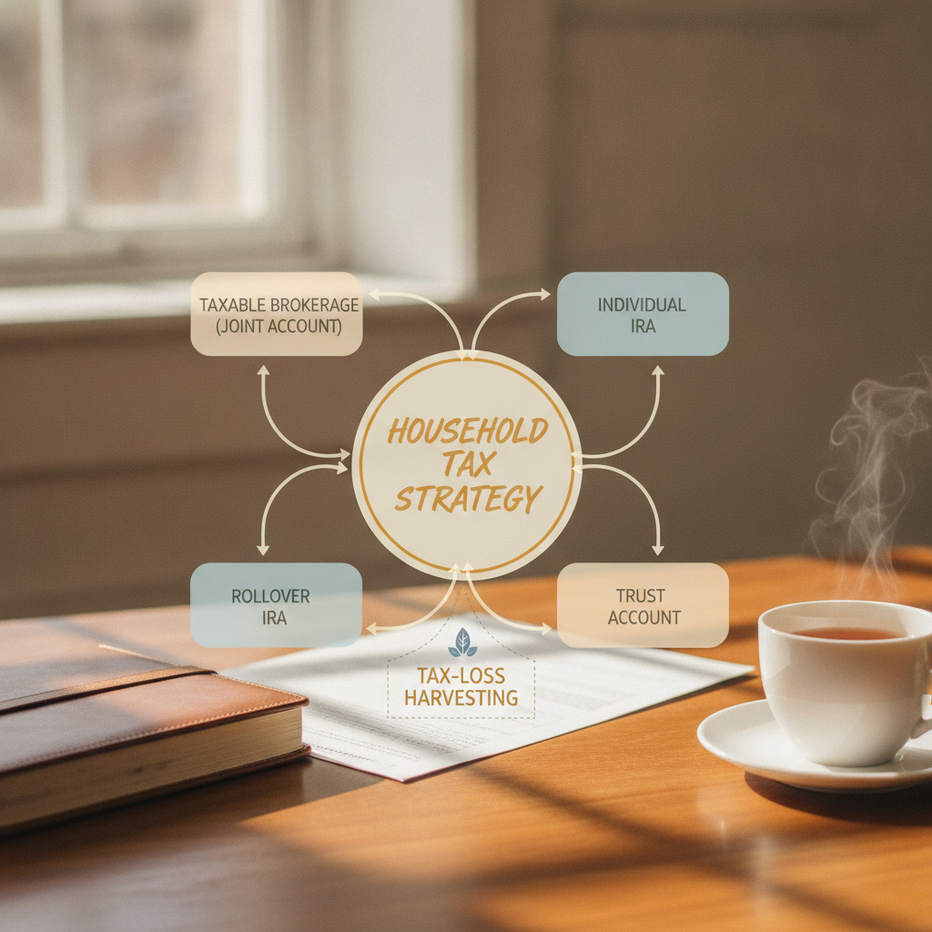 a diagram of a multi-account household showing taxable brokerage joint account individual IRA rollover IRA and trust account all connected to a central coordination hub labeled household tax strategy — tax-loss harvesting