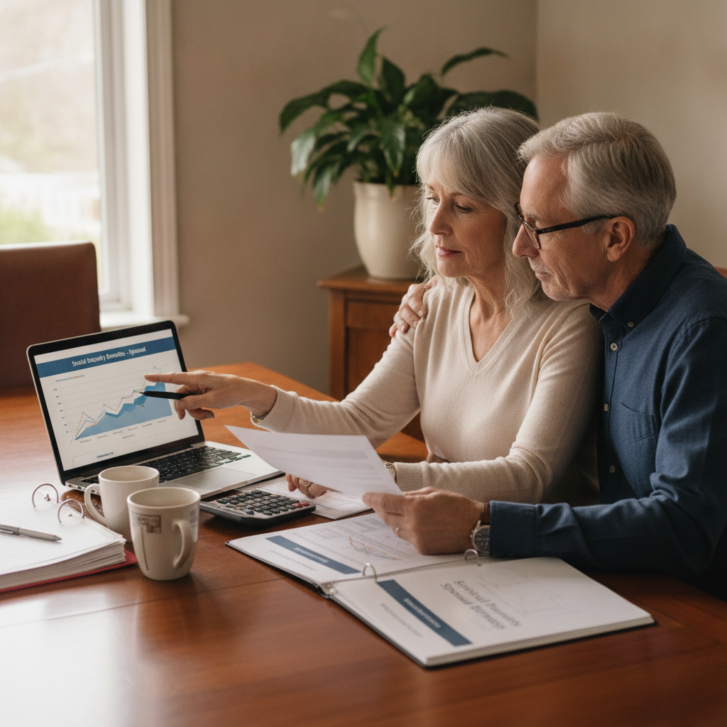 a married couple in their early 60s sitting at a polished dining room table reviewing Social Security benefit statements on a laptop with financial planning documents spread out nearby — spousal benefits