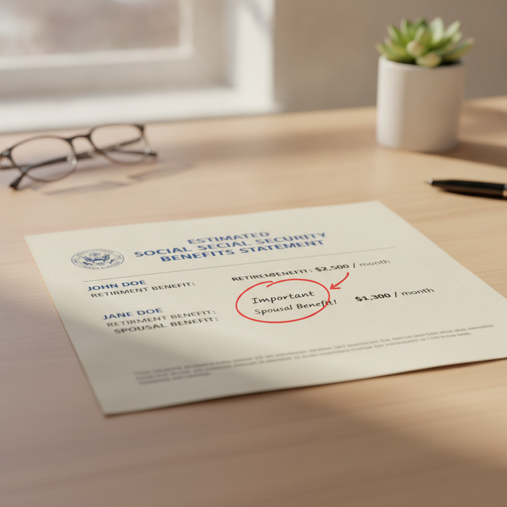 a close-up of a Social Security Administration benefits statement showing two separate benefit amounts for a married couple with clear annotation highlighting the spousal benefit line item — spousal benefits