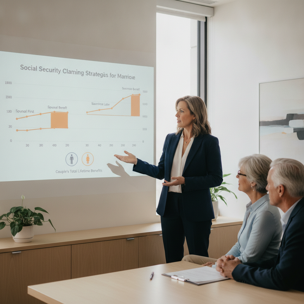a financial advisor in a modern office gesturing toward a projected chart showing two Social Security claiming timelines side by side for a married couple with survivor benefit projections highlighted — spousal benefits