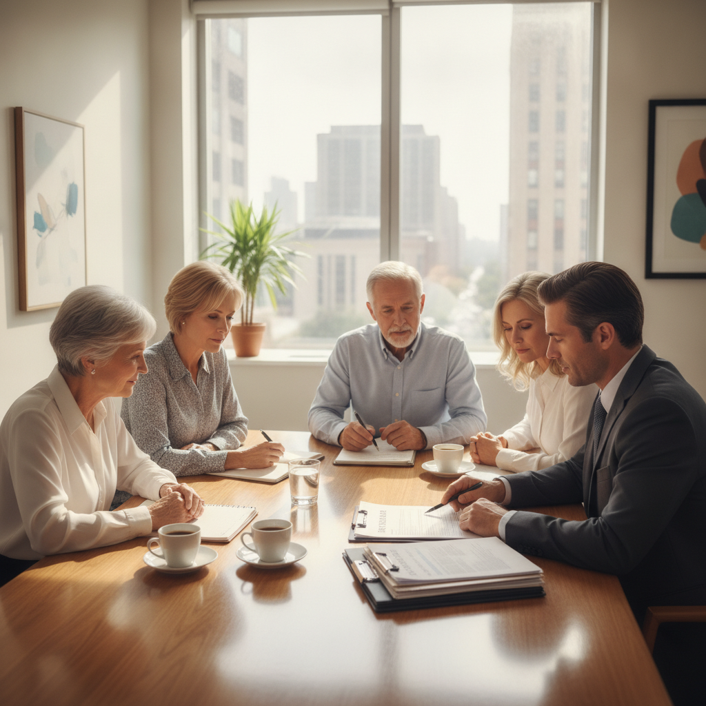 a multigenerational family seated around a large wooden dining table reviewing estate planning documents with a professional advisor in a bright modern office — life insurance estate