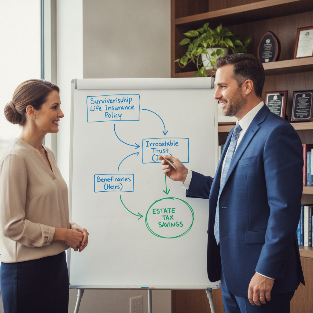 a financial advisor pointing to a diagram on a whiteboard showing the flow of a survivorship life insurance policy into an irrevocable trust with arrows indicating estate tax savings — life insurance estate