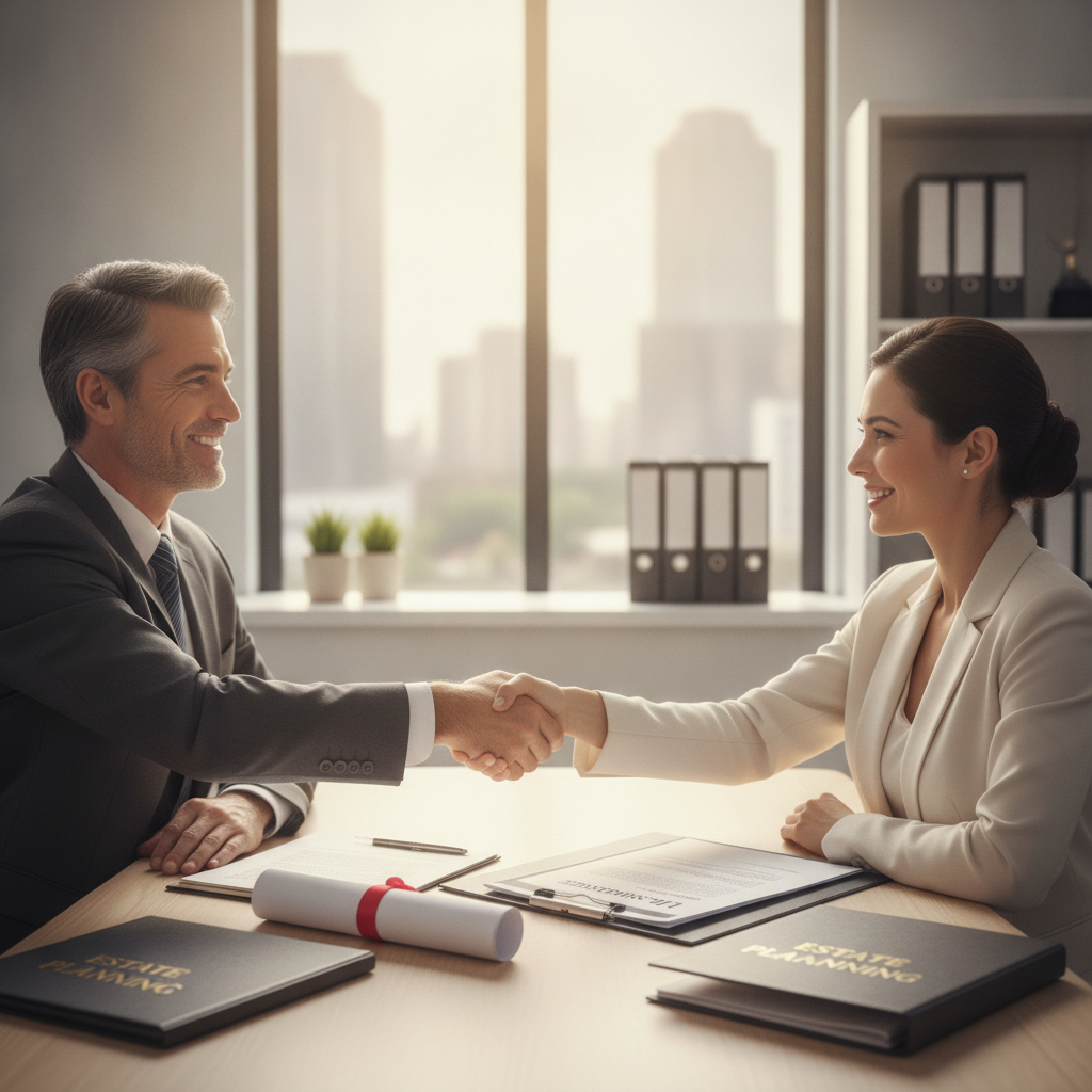 two business partners shaking hands in a modern office setting with a legal document and life insurance policy folder visible on the conference table between them — life insurance estate