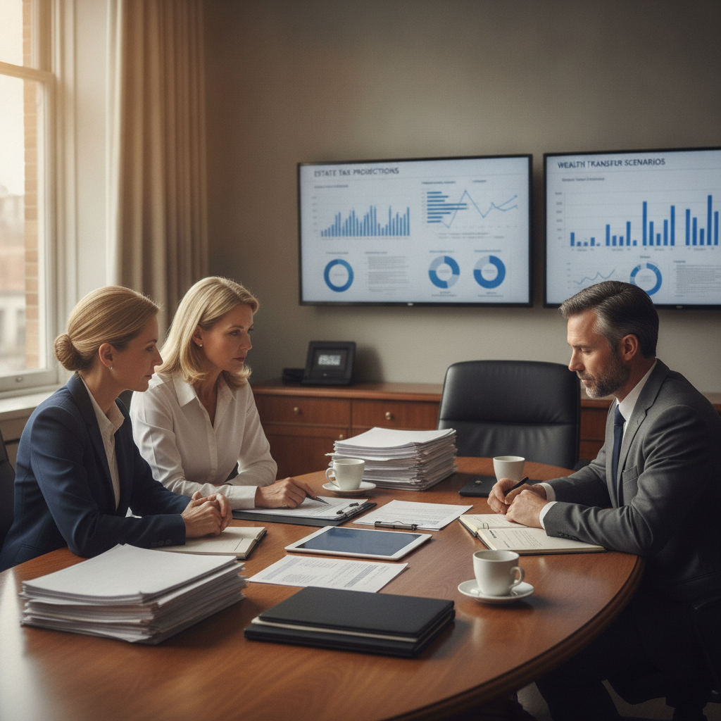 a professional couple in their 50s reviewing estate planning documents with their attorney and financial advisor at a conference table with charts showing tax projections — estate tax exemption