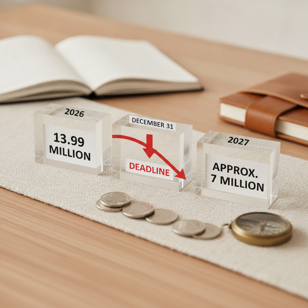 a visual timeline showing the estate tax exemption amount declining sharply from 13.99 million in 2026 to approximately 7 million in 2027 with a red arrow marking the December 31 2026 deadline — estate tax exemption