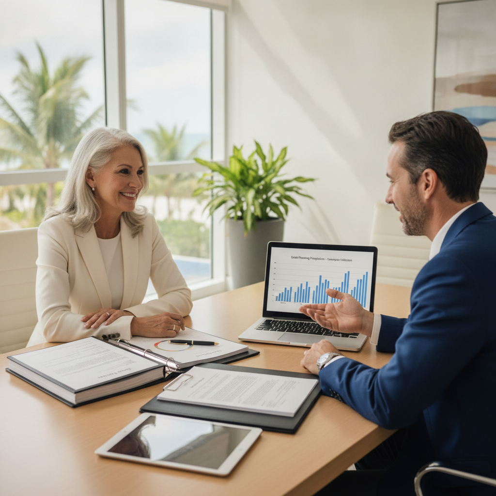 a confident senior executive sitting across from a fiduciary financial advisor in a modern office in South Florida with documents and a laptop showing estate planning projections — estate tax exemption