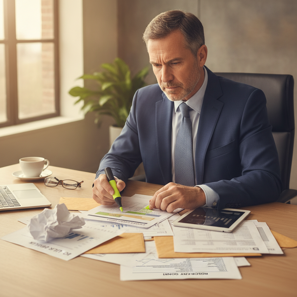 a professional executive at a modern desk reviewing multiple financial account statements with a focused expression, representing the complexity of managing old retirement accounts — old 401k rollover