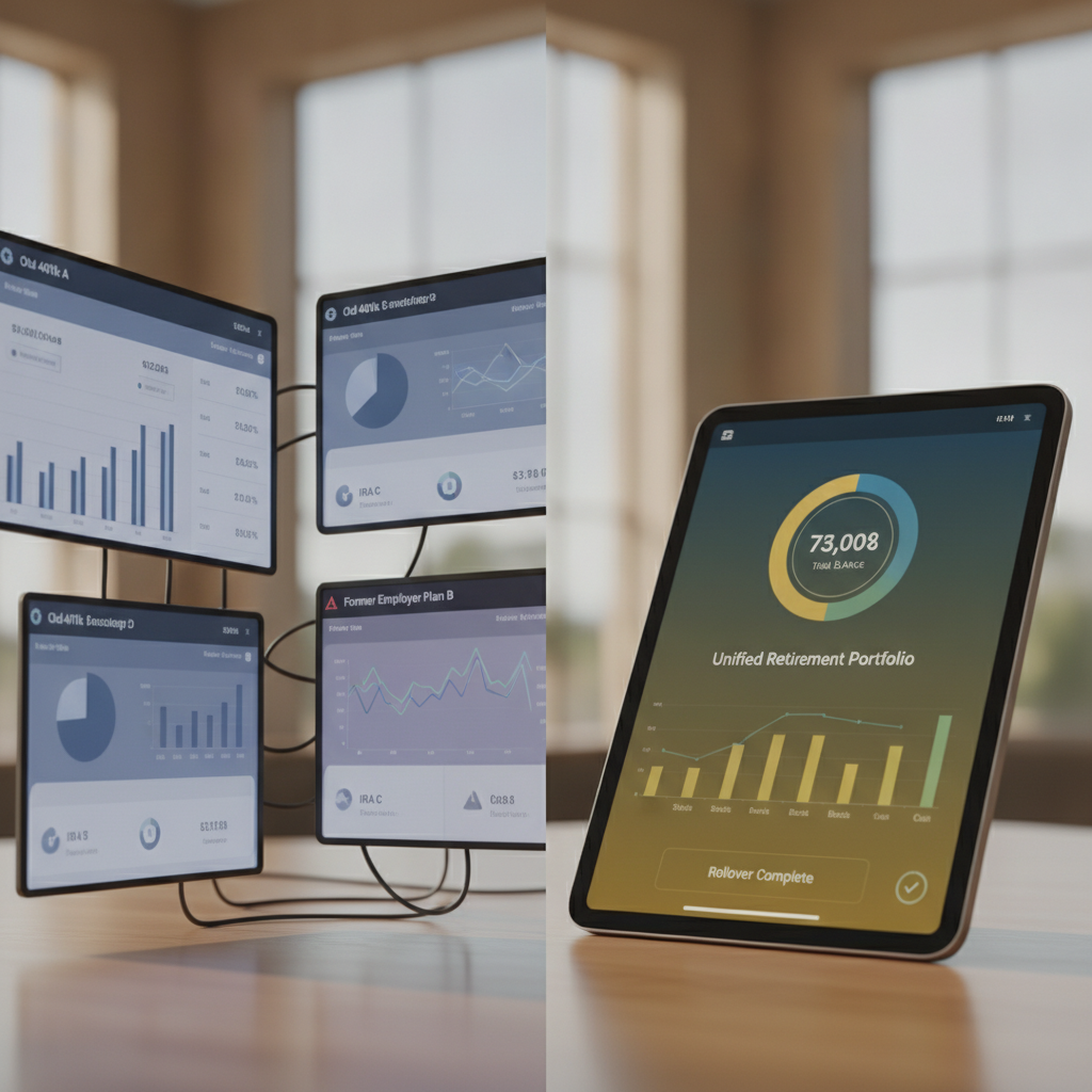 a visual split-screen showing a fragmented financial dashboard with multiple disconnected accounts on one side and a clean unified portfolio view on the other, illustrating the benefit of consolidation — old 401k rollover