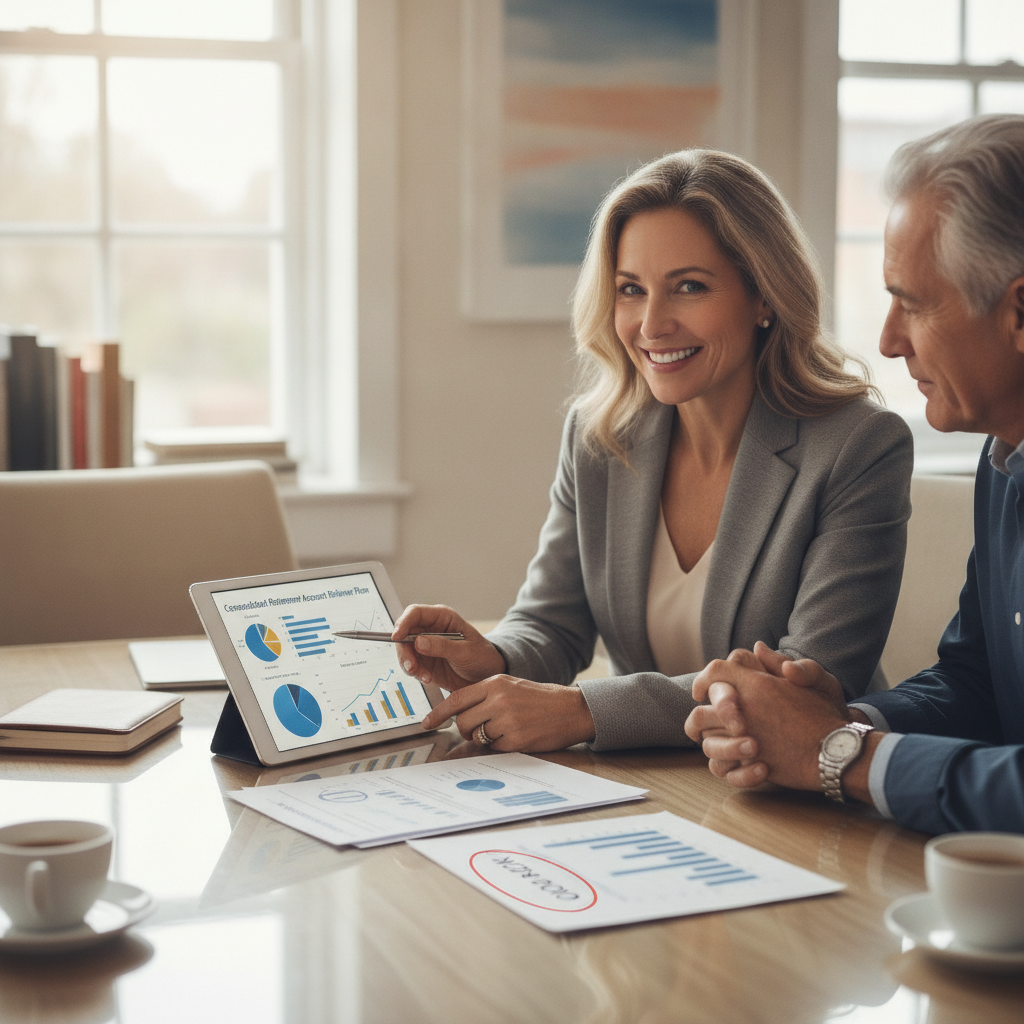 a fee-based financial advisor meeting with a high-net-worth couple at a conference table reviewing a consolidated retirement account rollover plan with charts and projections — old 401k rollover