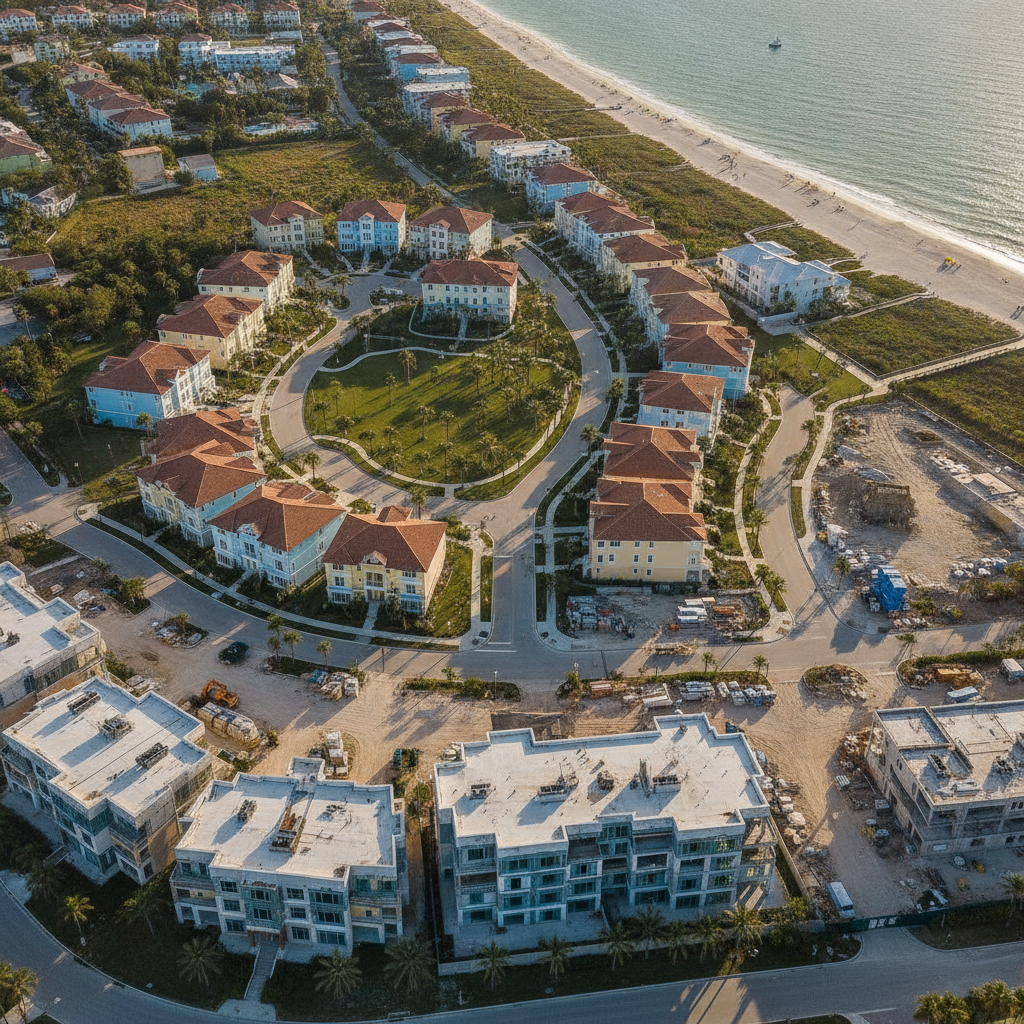 an aerial view of a growing Florida coastal development representing opportunity zone investment potential with palm trees and new construction visible — selling a business