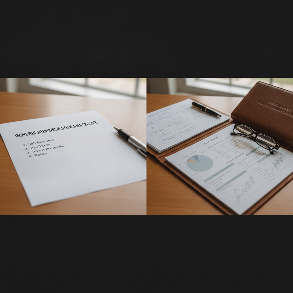 a side-by-side split image showing a generic financial planning checklist on the left versus a detailed personalized wealth transition plan on the right symbolizing the difference in sophistication of planning approaches — selling a business