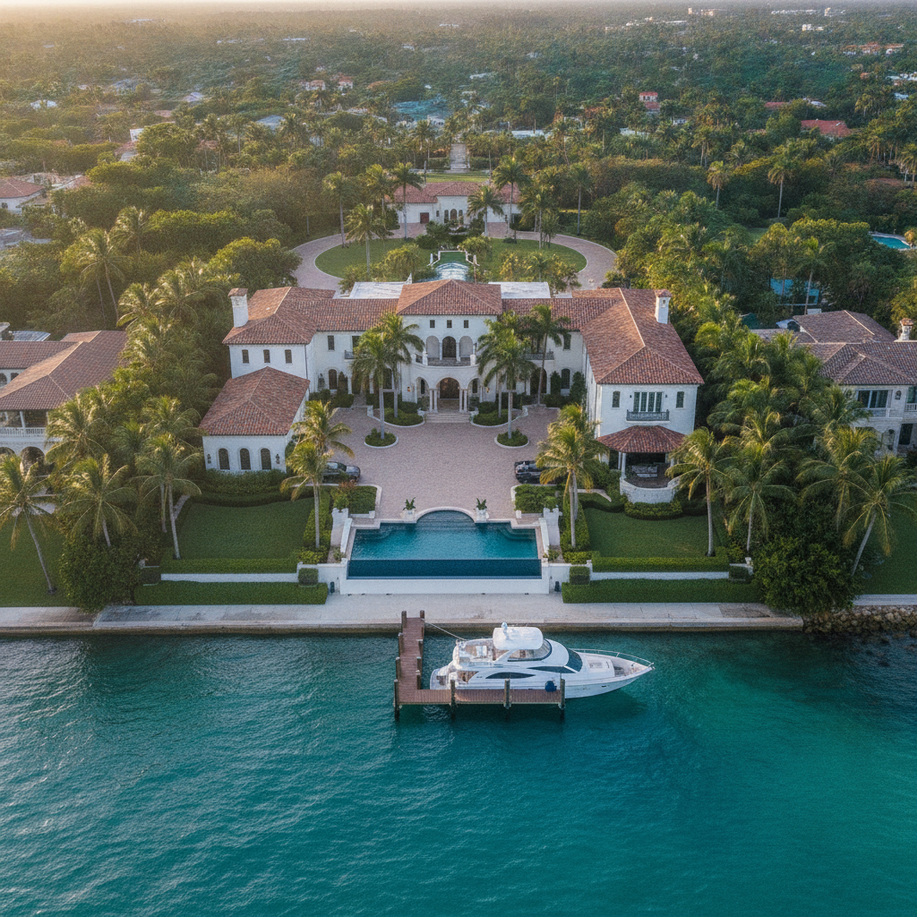 aerial view of a luxury waterfront home in South Florida with palm trees and a private dock representing high-value real estate subject to estate tax planning — qualified personal residence trust