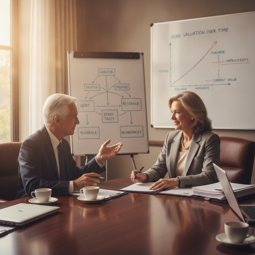 an estate planning attorney and a wealthy couple reviewing documents at a conference table with charts showing trust structure and home valuation over time — qualified personal residence trust
