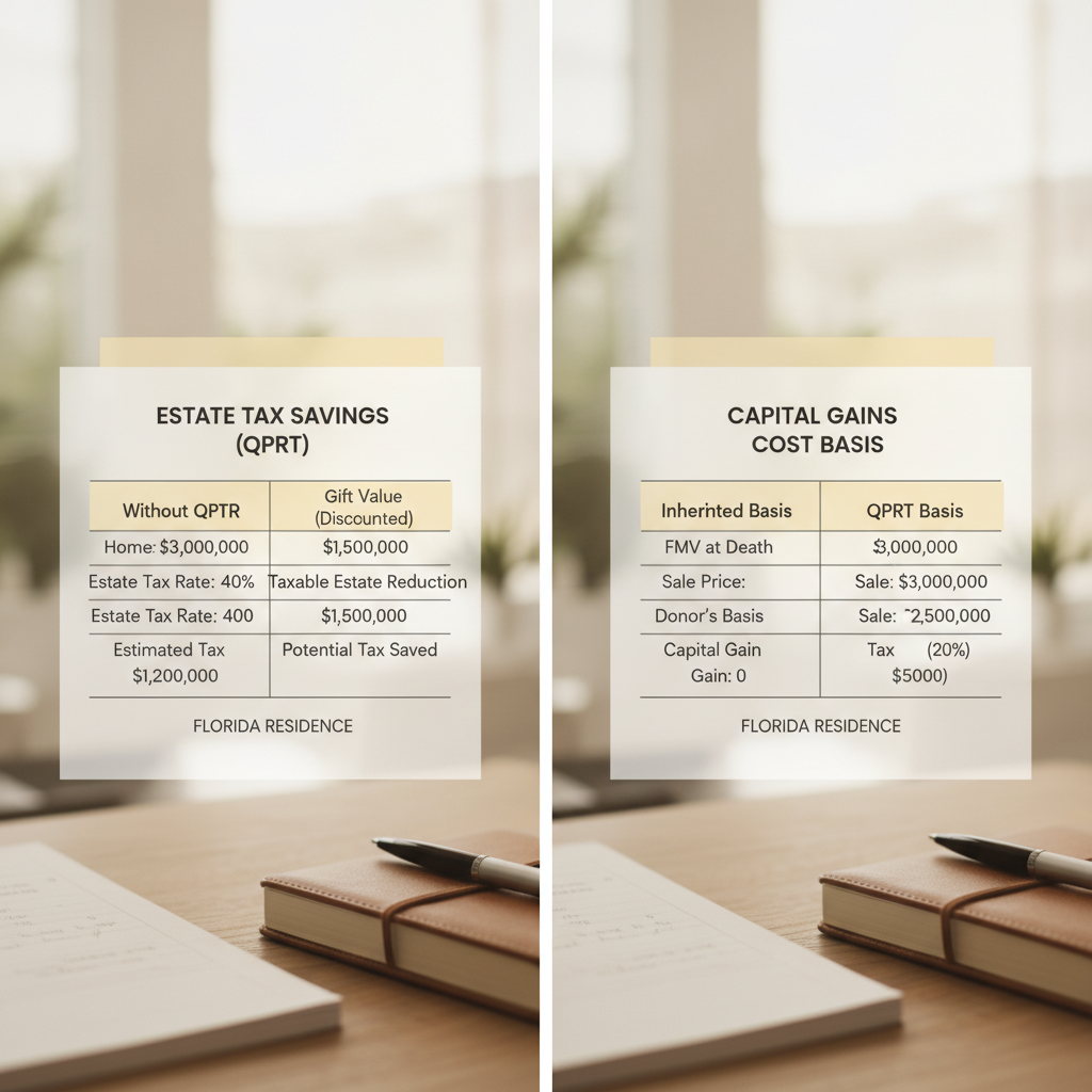 a side-by-side financial planning worksheet showing estate tax savings versus capital gains cost basis comparison for a Florida home valued at 3 million dollars — qualified personal residence trust