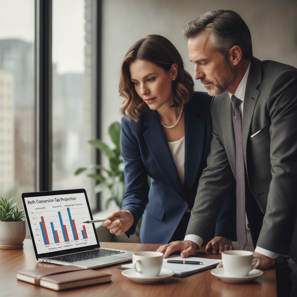 a financial advisor and a high-net-worth client reviewing a Roth conversion tax projection chart on a laptop in a modern office setting — roth conversion