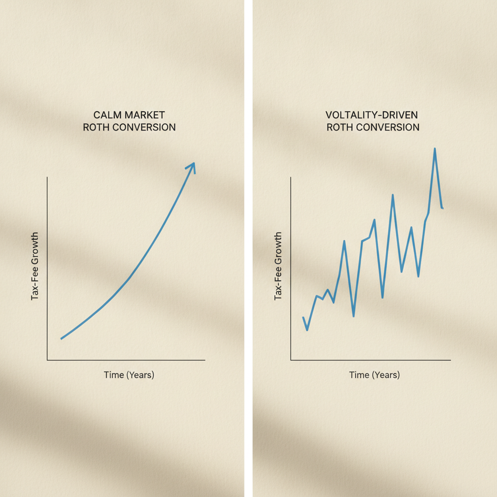 a split visual showing two line graphs side by side — one labeled calm market Roth conversion and one labeled volatility-driven Roth conversion — with the second showing significantly more tax-free growth over time — roth conversion