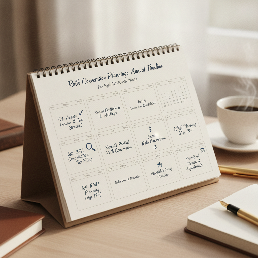a calendar view showing a year-round Roth conversion planning timeline with key milestones marked in each quarter for a high-net-worth retirement planning client — roth conversion