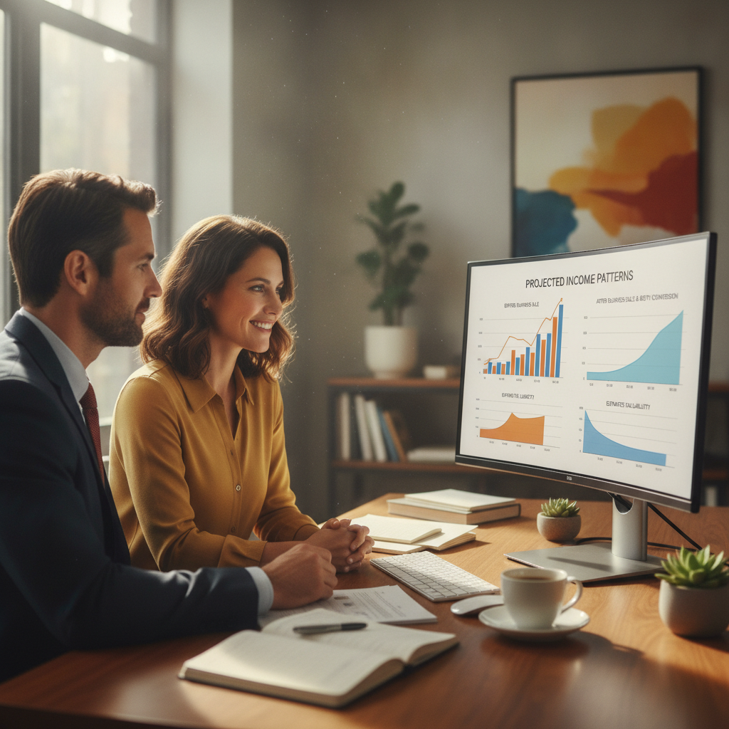 a business owner and financial advisor reviewing tax projections on a large monitor with charts showing income patterns before and after a business sale — roth conversion strategies