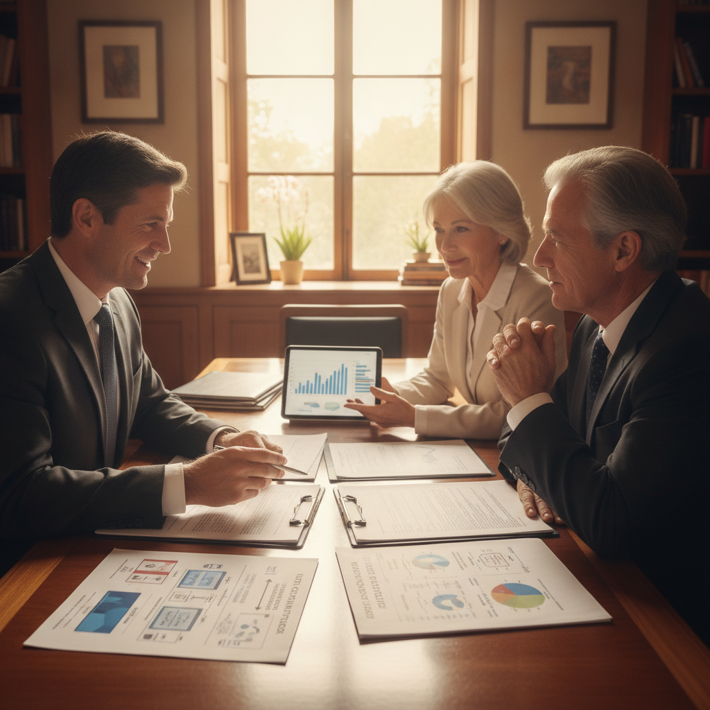 an estate planning meeting with an attorney financial advisor and wealthy couple reviewing documents showing trust structures and IRA beneficiary designations — roth conversion strategies