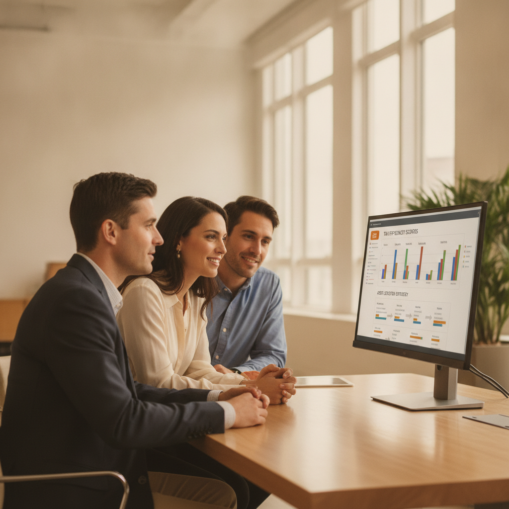a financial advisor sitting across from a couple at a modern office desk reviewing a multi-account portfolio dashboard on a large monitor showing tax efficiency scores for different account types — asset location strategy
