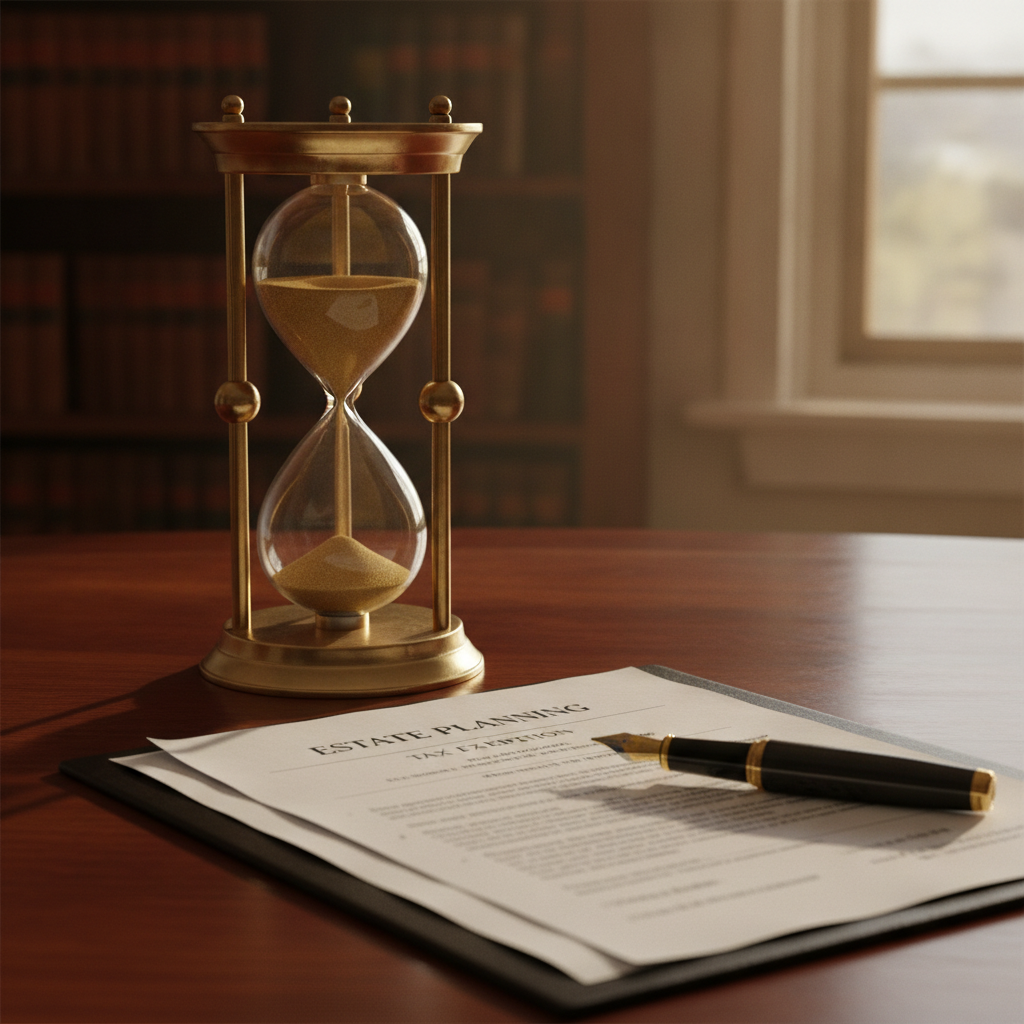 a large ornate hourglass on a polished mahogany desk with estate planning documents and a pen in the background suggesting urgency and time-sensitive decisions — estate tax exemption
